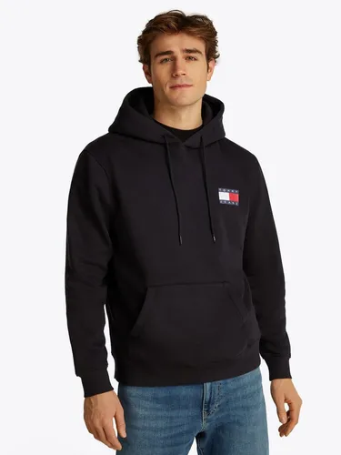 Tommy Jeans Sweatshirt TJM REG ESSENTIAL FLAG HOOD EXT - Herren-Sweatshirt in Schwarz mit bedrucktem Markenlogo auf Brusthöhe, ideal für einen lässigen Look und bequemes Tragen.