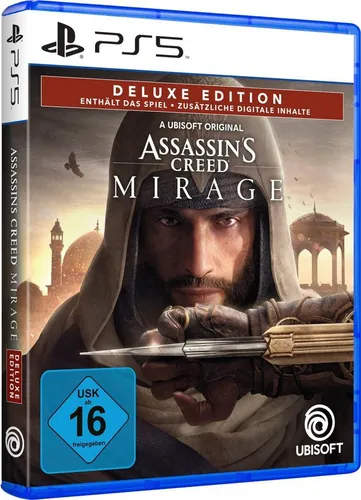 Assassins Creed Mirage Deluxe Edition - PS5 [EU Version] - Action-Adventure Spiel, erlebe die Verwandlung von Basim zum Meisterassassinen im historischen Bagdad. Deluxe Edition mit exklusiven Inhalten wie Montur und digitalem Artbook!