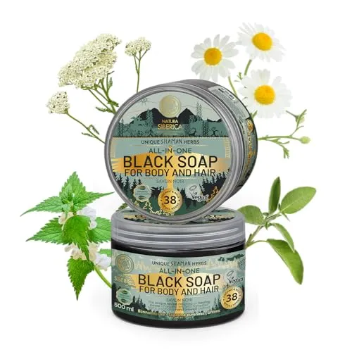 Natura Siberica Traditional Black Soap - All-in-One Seife für Körper & Haar - Mit 38 Schamanenkräutern - Reinigt, pflegt & revitalisiert - Bio & handgeerntet - 500 ml
