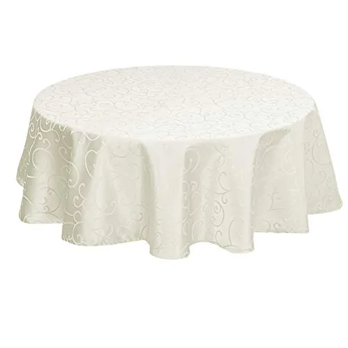 EUGAD Tischdecke Abwaschbar Damast mit Ornamenten und Seidenglanz, Rund 160 cm, Tischtuch mit Saum Bügelfrei Pflegeleicht, Ideal für Küche und Wohnzimmer, Creme