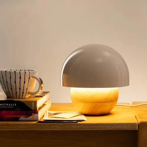 Lightbox Pilz Tischlampe | Deko Tischleuchte mit Wipp-Schalter - Tischlampen aus Metall/Holz in Hell-Braun/Grau, 20 cm hoch mit praktischem Schalter am Kabel für einfache Bedienung und E14 Fassung für energiesparende LED-Leuchtmittel.
