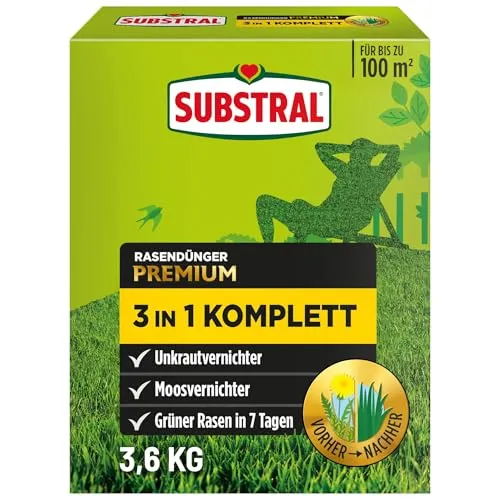 Substral Rasendünger Premium 3in1 Komplett 100 m² - Optimale Nährstoffversorgung für Ihren Rasen, fördert ein gesundes Wachstum und eine grüne Farbe auf bis zu 100 m². Ideal für die ganzjährige Anwendung.