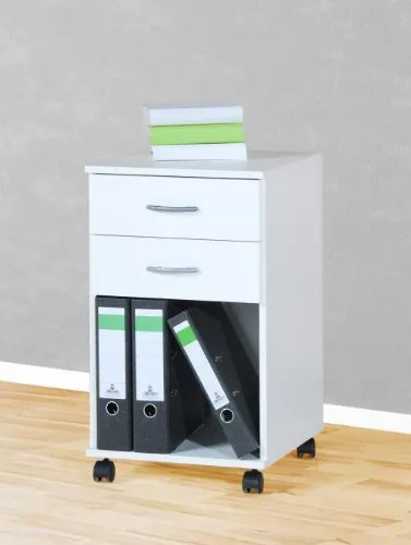Möbeldesign Team 2000 Rollcontainer - Bürocontainer in Weiß - Garderobenschränke mit praktischem Design, ausgestattet mit 2 Schubladen und einem offenen Fach, ideal für Ordnung im Büro oder Zuhause.