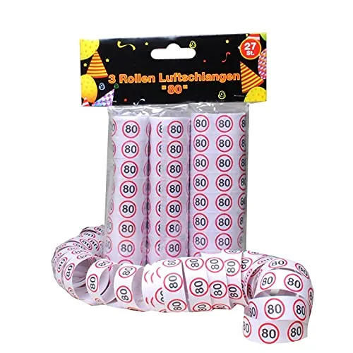 Udo Schmidt 11502 Luftschlangen-3 Rollen je 9 Stk. -Verkehrszeichen rot/weiß-Zahl: 80