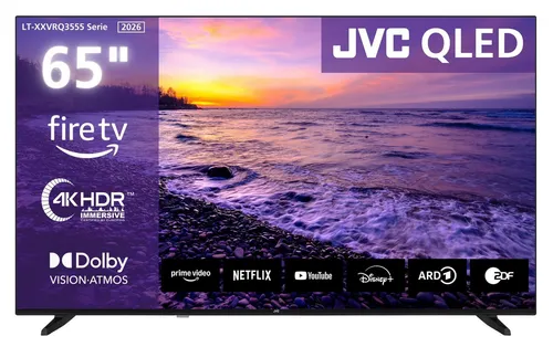 JVC 65 Zoll QLED TV mit Alexa & Triple-Tuner - Erlebe brillante 4K Ultra HD Auflösung mit Dolby Vision HDR. Der Smart-TV bietet grenzenlose Unterhaltung durch Apps wie Netflix & Prime Video und lässt sich bequem per Sprachsteuerung steuern.