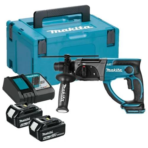 Makita DHR202 RMJ Bohrhammer mit 2 x 18V 4Ah Akkus - SDSplus Bohrhammer mit kraftvollem Akku, ideal für Profi- und Heimwerkerprojekte, inklusive Lader für maximale Flexibilität.