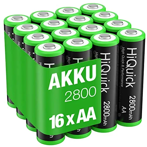 HiQuick Mignon AA Akku, 2800mAh 16 Stücke mit hoher Kapazität, NI-MH wiederaufladbare AA Akkus, geringe Selbstentladung AA batterien, 1,2V AA Batterien