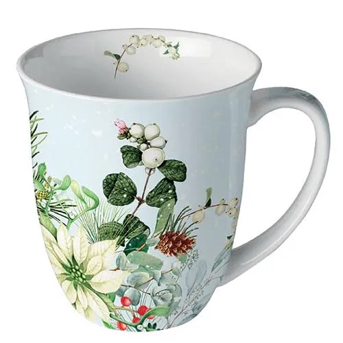 Ambiente Kaffeetasse Teetasse Becher mug 0,4 l Fine Bone China Porzellan Poinsettia weiß Blumen Zweige Winter Weihnachten Advent