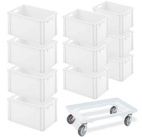Euroboxen mit 2 Durchfassgriffen und Transportroller - Rollwagen mit stapelbaren Eurobehältern in Weiß, ideal für effiziente Lagerung und Transport. Inklusive Transportroller mit 4 Lenkrollen für müheloses Bewegen.