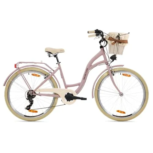 Goetze Mood 26 Zoll Jugendfahrrad, 17 Zoll Tiefeinsteiger Aluminiumrahmen, 6-Gang Kettenschaltung, doppelte V-Bremsen, LED-Beleuchtung, Rattankorb, Komfortsattel, mit Seitenständer & Klingel