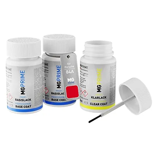 MG PRIME Autolack Lackstift Set für Porsche 84A / G1 Indischrot/Guards Red Grundlack Basislack Klarlack je 50ml