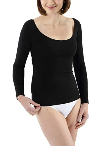 ALBERT KREUZ Damen Langarm Unterhemd mit tiefem Ausschnitt schwarz Größe XL (42-44) - Elegantes Langarm-Unterhemd aus hochwertiger Stretch-Baumwolle für optimalen Tragekomfort. Der tiefe Ausschnitt sorgt für eine perfekte Passform unter Blusen. Ideal als Unterwäsche oder sportlich kombiniert!