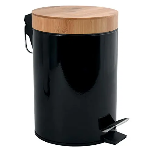 MSV Poubelle Aza 3l Noir mit Bamboo Deckel - Abfalleimer mit modernem Design und umweltfreundlichem Bamboo Deckel, ideal für Küche oder Bad.