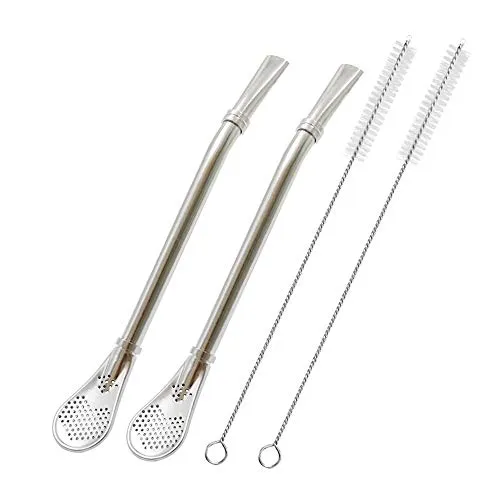 Edelstahl-Trinkhalme mit Filterlöffel, 2 Stück, Teestrohhalme, Mate Bombilla, Kaffee-Rührstab für Eistee, Cocktail, mit 2 Reinigungsbürsten (Silber)