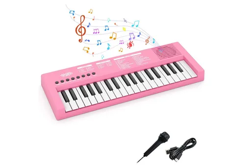 COSTWAY Kinder Klavier Keyboard, 37 Tasten E-Piano mit Mikrofon - Entdecken Sie musikalische Vielfalt mit diesem E-Piano für Kinder! 37 Tasten, 8 Klangfarben und 22 Demos fördern Kreativität und Spielspaß. Inklusive Mikrofon für interaktives Mitsingen. Ideal für Kinder ab 3 Jahren.
