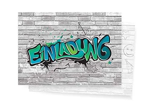 Friendly Fox Graffiti Einladungskarten, 12 coole Einladungen für Kindergeburtstage - Grußkarten für Kindergeburtstage, mit trendigem Graffiti-Design und praktischen Lückentexten für schnelles Eintragen der Partyinformationen.