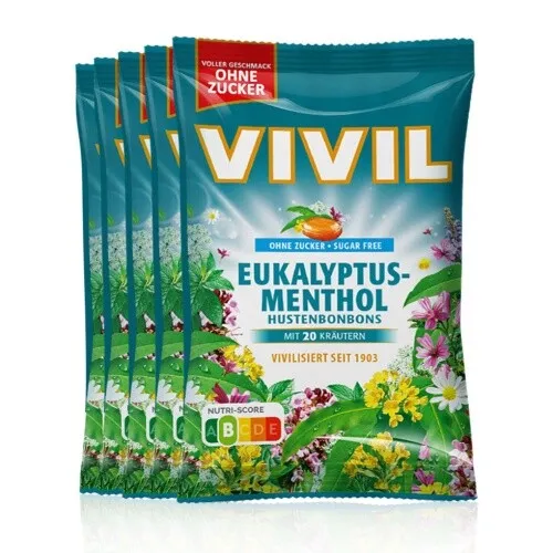 VIVIL Eukalyptus-Menthol Hustenbonbons ohne Zucker | 5 Beutel x 120g
