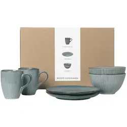 Broste Copenhagen Nordic Sea Frühstücksset für Zwei - Schalen & Schüsseln, stilvolles Set aus robustem Steingut mit einzigartiger reaktiver Glasur in sanftem Blau, ideal für ein elegantes Frühstückserlebnis.