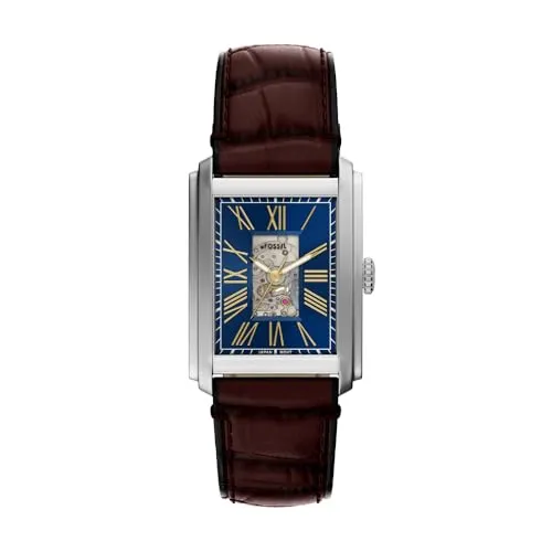 Fossil Herren Analog Automatik Uhr ME3273 mit Leder Armband - Elegante Herrenarmbanduhr mit 30-mm-Gehäuse und blauem Zifferblatt. Das braune Lederarmband sorgt für individuellen Tragekomfort. Wasserdicht bis 50 m, ideal für den Alltag.