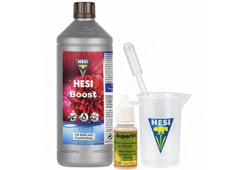 HESI Blüten Booster Set 1l + SuperVit 10ml mit Messbecher & Pipette - Effektives HESI Blüten Booster Set für optimale Pflanzenentwicklung. Enthält HESI Boost für kräftige Blüten und HESI SuperVit für verbesserte Nährstoffaufnahme. Ideal für präzise Dosierung dank Messbecher und Pipette.