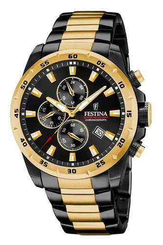 Festina F20563/1 Herren Armbanduhr - Elegante Herren-Armbanduhr mit schwarz-goldenem Ziffernblatt und robustem Edelstahlarmband. Wasserdicht bis 100 m, ideal für jeden Anlass.