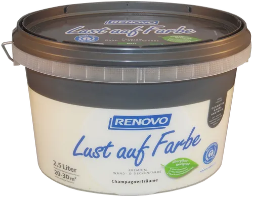 Renovo Lust auf Farbe - Champagnerträume 2,5L - Hochwertige Innenfarbe in elegantem Champagner für alle Räume, mit schneller Trocknung in nur 6 Stunden und mattem Glanzgrad.