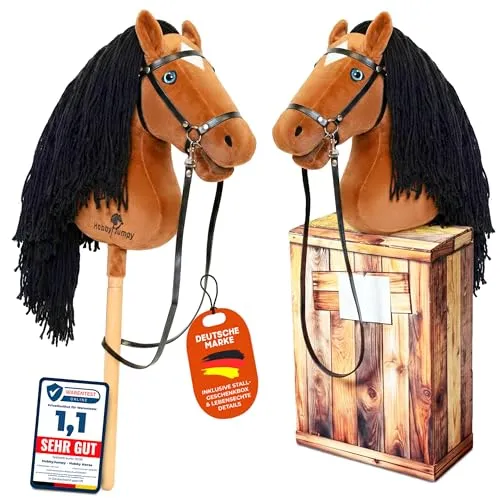 HobbyJumpy Premium Steckenpferd mit realistischen Augen und Stall-Karton – Braun