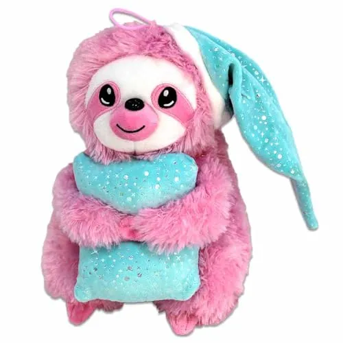 BEMIRO Faultier Kuscheltier – 25 cm, Füllung aus 100% recyceltem Material, mit Kissen, Schlaufe, gestickte Augen, glitzernde Elemente (Rosa)