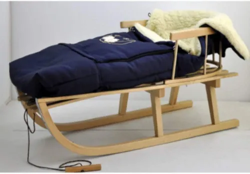 Holzschlitten Kinderschlitten aus Buchenholz mit Rückenlehne und Winterfußsack