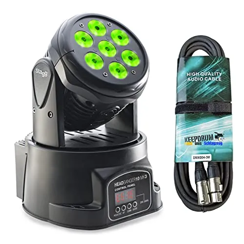 Stagg SLI-MHW-HB10-0 Head Banger 10 LED Moving-Head Scheinwerfer Spot mit DMX-Kabel - Leistungsstarker LED Moving-Head mit 4-stelliger Anzeige und 25 Grad Abstrahlwinkel. Ideal für Indoor-Events, inklusive keepdrum DMX-Kabel für einfache Ansteuerung.