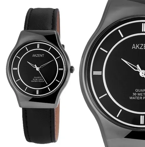Herren Armbanduhr Anthrazit/Schwarz 3ATM Kunstlederarmband von AKZENT