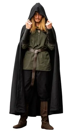 Leonardo Carbone® Unisex Umhang Johannes | Kapuze Mit Knebelknopf | LARP, Karneval, Halloween, Cosplay, Mittelalter, Cape, Mantel, Kostüm, Verkleidung | 100% Baumwolle Schwarz Einheitsgröße