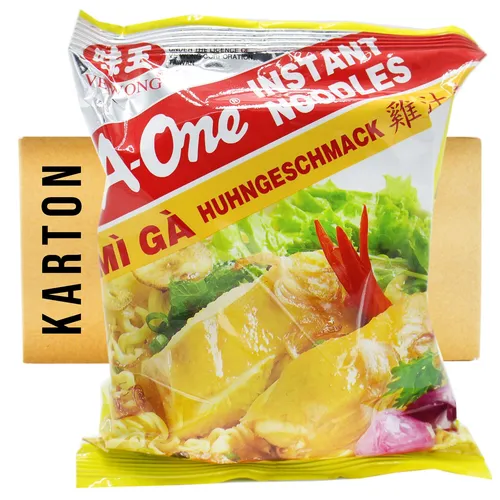A-One Instantnudel Huhn Geschmack 30x85g - Praktische 30er-Packung Instantnudeln mit Hühnergeschmack, ideal für schnelle Mahlzeiten. Perfekt für den asiatischen Genuss und unkompliziert in der Zubereitung.