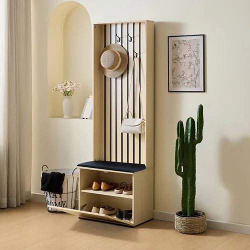 okwish Garderobenschrank Flurschrank mit 4 Haken und Stauraumfächern,Beistellschrank Flurorganizer mit Sitzbank und Schuhaufbewahrung,Holz