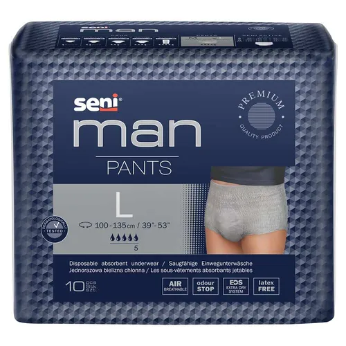 Seni Man Pants Gr. L - 10 Stück - Inkontinenzeinlagen für Männer, diskreter Schutz bei leichter bis mittlerer Inkontinenz. Anatomische Passform und Extra Dry System sorgen für ein trockenes Tragegefühl und maximale Bewegungsfreiheit.