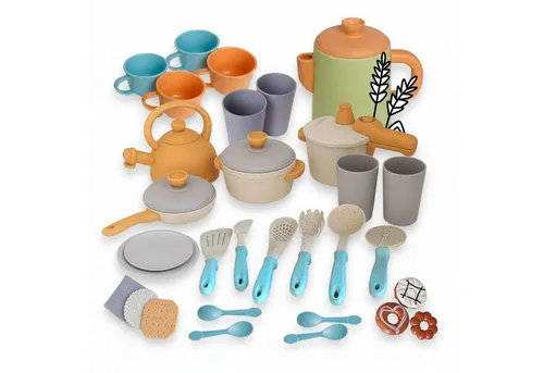 alldoro Spiel-Kochgeschirr Kaffeeservice mit Koch- und Geschirrset für die Kinderküche, 31-teilig, (31-tlg), Küchenspielzeug-Set für Kinder ab 3, mit Töpfen, Pfanne & Geschirr