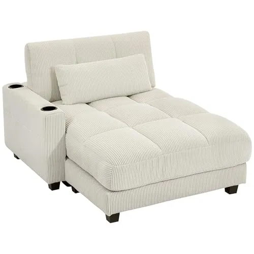 HOMCOM Chaiselongue 2 Sitzer Schlafsofa 114 x 147 cm Sofa mit Bettfunktion, Cord-Optik, Links/Rechts Armlehne, Becherhalter und Lendenkissen Couch für Wohnzimmer, Schlafzimmer, Cremeweiß