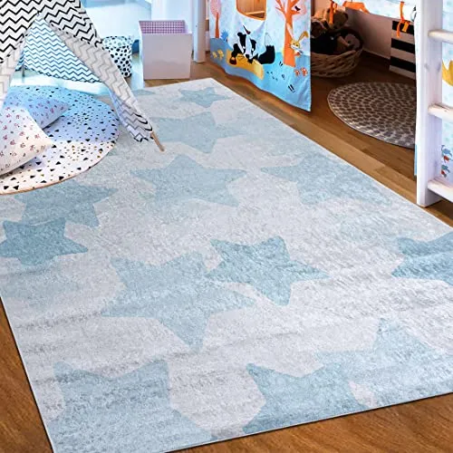 Mazovia Kinderzimmerteppich Antirutsch 80 x 150 cm - Waschbar & Rutschfest - Der fröhliche Kinderteppich mit Sternen-Muster ist waschmaschinengeeignet und hat eine rutschfeste Unterseite. Ideal für Kinderzimmer, sorgt er für Sicherheit und Komfort beim Spielen und ist ÖKO-TEX zertifiziert.
