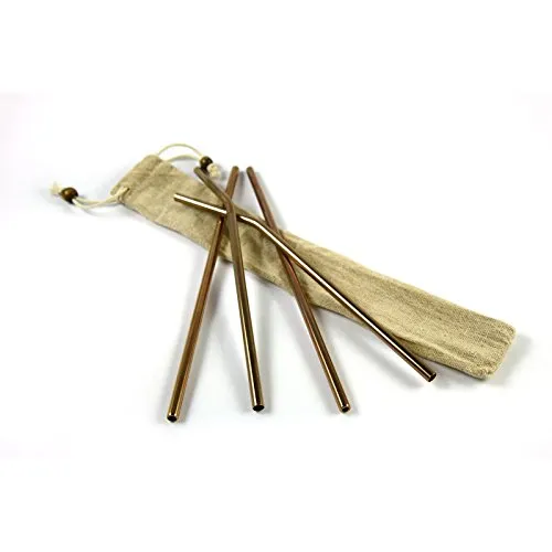 4er Pack Edelstahl-Strohhalm Set – Wiederverwendbare Trinkhalme aus Metall mit Reinigungsbürste und Beutel. Gebogen, Roségold