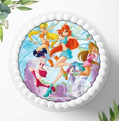 Für den Geburtstag ein Tortenbild, Zuckerbild mit dem Motiv: Winx Feen Elfen, Essbares Foto für Torten, Fondant, Tortenaufleger Ø 20cm, 0534w