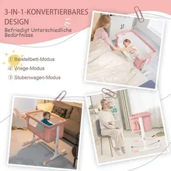 3-in-1 Babybettchen & Beistellbett in Rosa