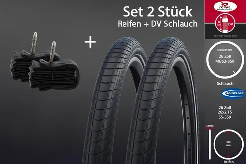 Schwalbe Fahrradreifen 26 Zoll mit Schlauch - 2 Stück - Hochwertige 26 Zoll Fahrradreifen für City-, Trekking- und E-Bikes. Set besteht aus 2 Reifen und 2 Schläuchen, ausgestattet mit Pannenschutz und Reflexstreifen für mehr Sicherheit.