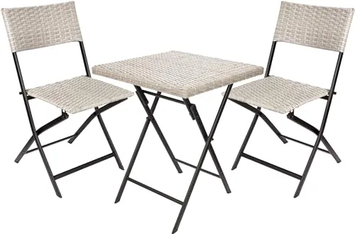 BRUBAKER Balkonset Lugano - Wetterfestes Polyrattan Bistroset mit klappbarem Tisch und 2 Stühlen - Bistrosets für die Terrasse: Wetterfest und platzsparend, ideal für kleine Balkone mit modernem Grau/Beige-Design.
