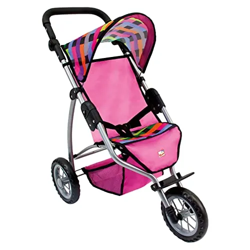 Bino Jogger Puppenwagen - Praktischer Puppenwagen für Kinder ab 3 Jahren mit zusammenklappbarer Funktion und viel Stauraum. Robustes Metallgestell in Silber und komfortabler Schaumstoff-Handgriff sorgen für sicheres Spiel.