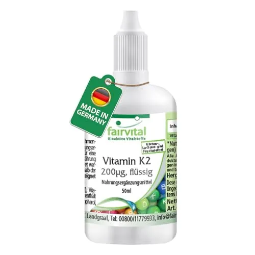 fairvital Vitamin K2 MK-7 200µg, 50ml, Hochdosiert, Natürliches Menaquinon MK-7 aus Natto, Vegan, Made in Germany