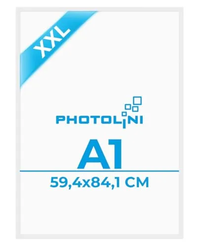 PHOTOLINI Bilderrahmen A1 aus MDF Holz in Weiß - Stylischer A1 Bilderrahmen aus MDF mit bruchsicherem Acrylglas, ideal zum Aufhängen. Flexibler Bildwechsel durch Drehspann-Federn, perfekt für Wohnräume, Büro oder Flur.