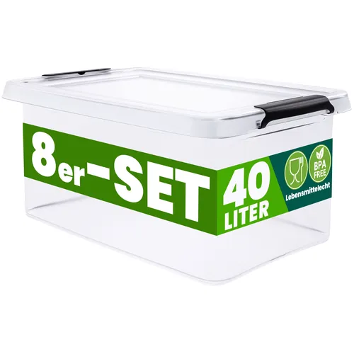 Deuba® 8x Aufbewahrungsbox mit Deckel 40L - Stapelbare Kunststoffkisten - Aufbewahrungsbehälter mit Deckel, lebensmittelecht und BPA-frei, ideal für Küche und Schlafzimmer, schützt den Inhalt vor Staub und Feuchtigkeit.