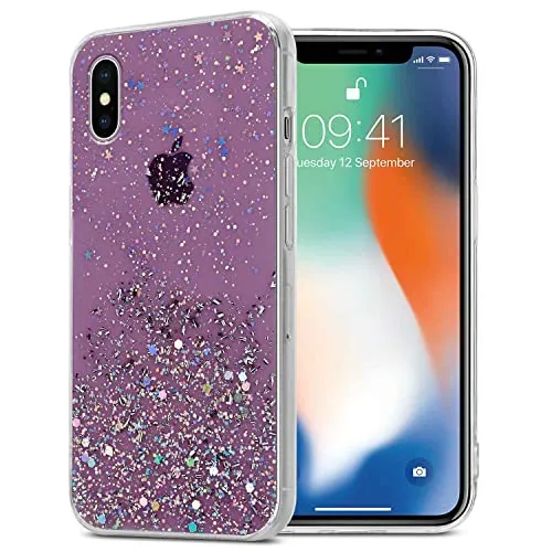 Cadorabo Hülle kompatibel mit Apple iPhone X/XS Rundumschutz TPU Silikon Case Mädchen Glitzer Strass Design Slim Kratzfest Weiche Gummi Bling Schutzhülle für Apple iPhone X/XS in Lila