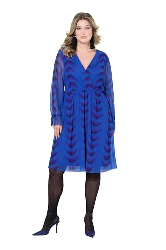 MIAMODA Damen große Größen Übergrößen Plus Size Kleid, A-Linie, Mesh mit Alloverdruck, Langarm Dunkles Saphir 48 835782740-48