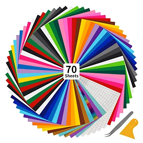 Withosent Plotterfolie Vinyl 70 Stück - Selbstklebend für kreative DIY-Projekte - Klebefolien für vielseitige Anwendungen, inkl. 65 Farben + 5 Transferfolien, ideal für glatte Oberflächen und wetterbeständig.